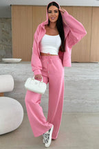 Pink Solid Color Zip Up Hoodie Drawstring Loose Pants Set