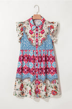 Rose Floral Ethnic Print Ruffle Mini Dress