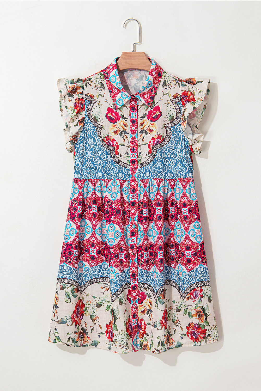 Rose Floral Ethnic Print Ruffle Mini Dress