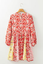 Red Colorful Floral Patchwork Long Sleeve Pleated Mini Dress