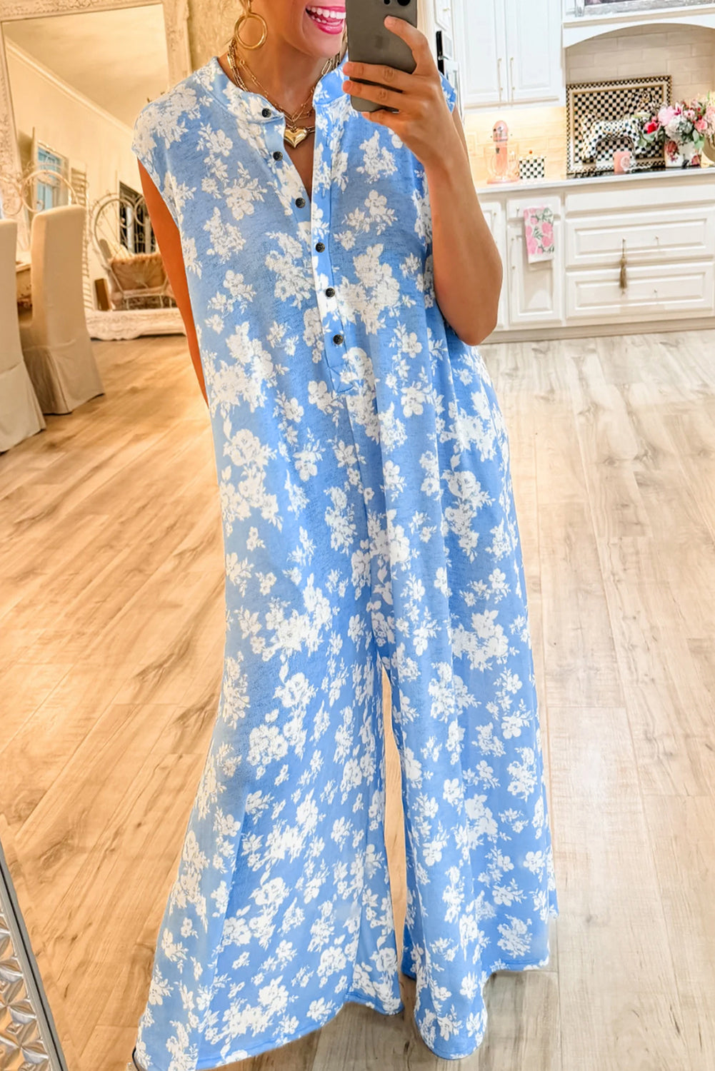 Pink Floral Print Sleeveless Wide Leg Jumpsuit