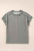 White Crinkle Rib Textured Knit Round Neck T Shirt