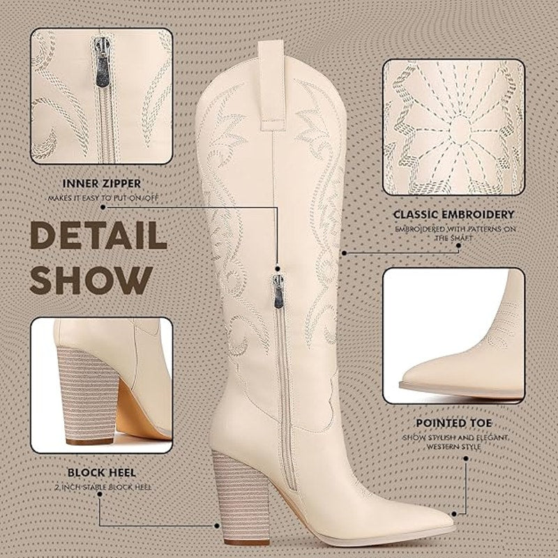 Vomira Womens Size 10 Cream Embroidered Knee High 4" Heel Cowboy Boot Shoes