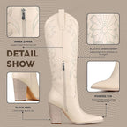 Vomira Womens Size 10 Cream Embroidered Knee High 4" Heel Cowboy Boot Shoes