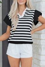 Pink Stripe Collar V Neck Ruffled Short Sleeve Blouse
