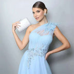 Blue One-shoulder Feather Wedding Dress