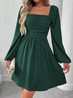 Ruched Square Neck Long Sleeve A-Line Dress