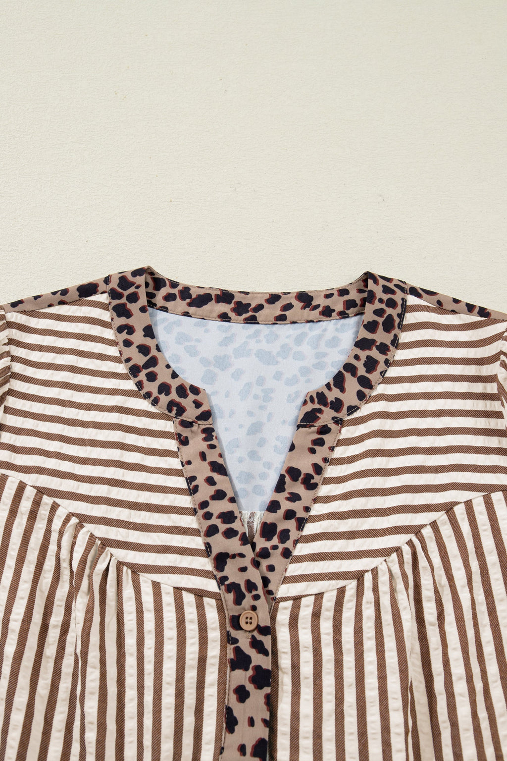 Brown Stripe Leopard Trim V Neck Button Down Half Sleeve Shirt