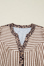 Brown Stripe Leopard Trim V Neck Button Down Half Sleeve Shirt