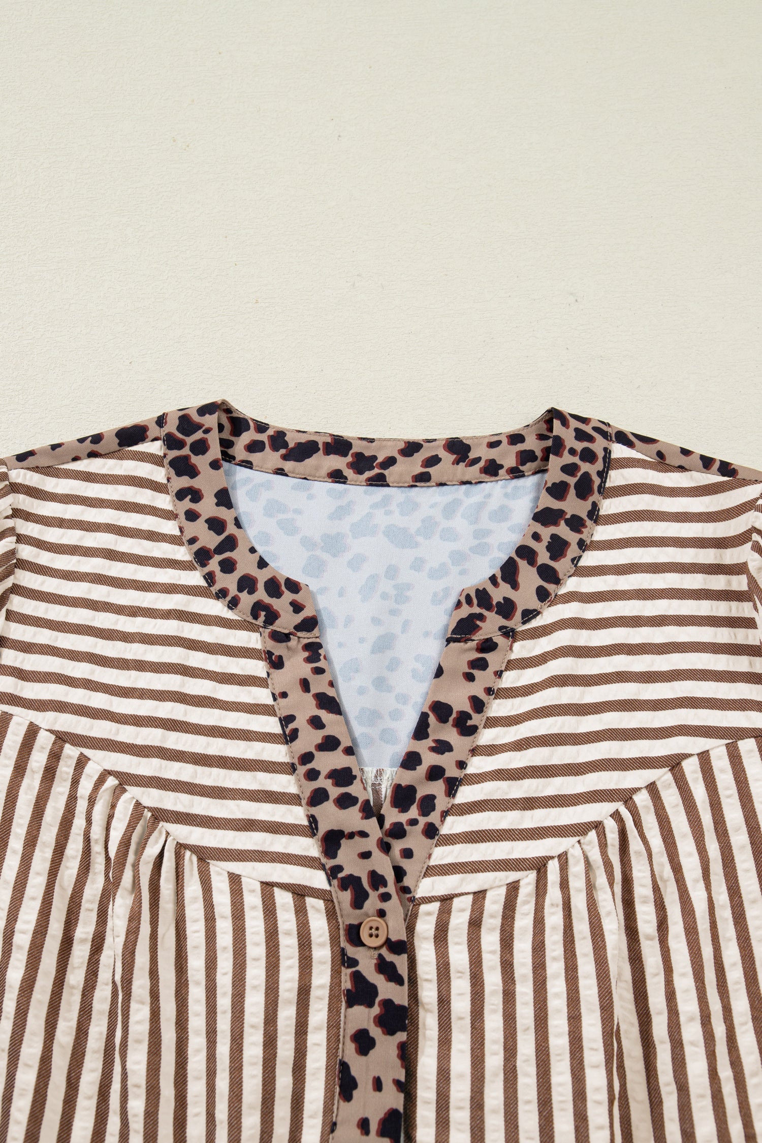 Brown Stripe Leopard Trim V Neck Button Down Half Sleeve Shirt