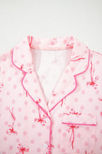 Pink Bow Print Contrast Pipping Short Pajamas Set