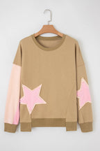 Rose Pink Star Patchwork Exposed Seam Uneven Hem Sweatshirt