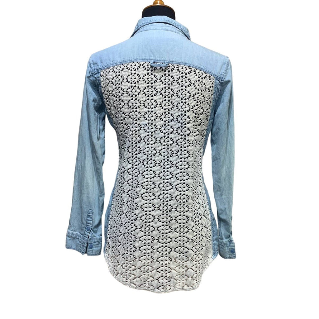 Hand Printed Upcycled Small Rose Flower Lacy Long Sleeve Denim Button Down Shirt