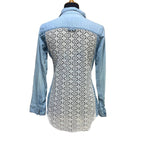 Hand Printed Upcycled Small Rose Flower Lacy Long Sleeve Denim Button Down Shirt
