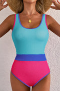 Rose Red Textured Colorblock One Piece Swimsuit
