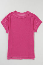White Crinkle Rib Textured Knit Round Neck T Shirt
