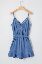 Ashleigh Blue Spaghetti Straps V Neck Belted Ruffled Leg Chambray Romper