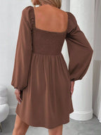 Ruched Square Neck Long Sleeve A-Line Dress