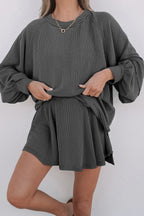 Jet Stream Corded Lantern Sleeve Top High Waist Ruffled Mini Skirt Set