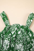 Green Floral Print Shirred Crop Top and High Waist Midi Skirt Set