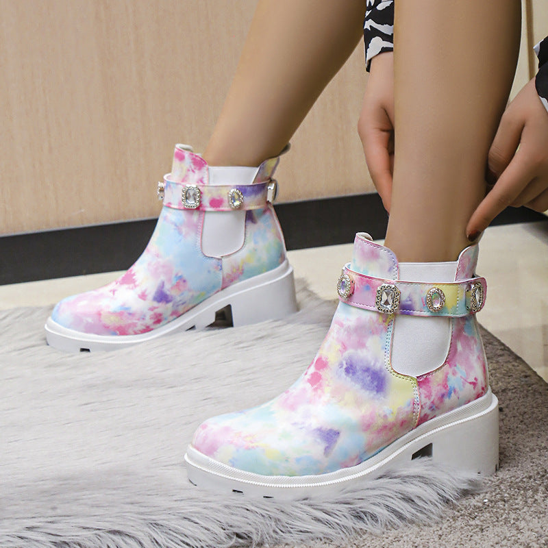 Rhinestone Chunky Heel Ankle Boots