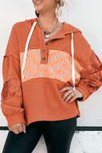 Cinnamon Striped Waffle Patchwork Drawstring Hooded Long Sleeve Top