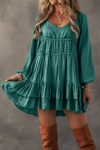Apricot Tiered Ruffled Puff Sleeve Loose Fit Mini Dress