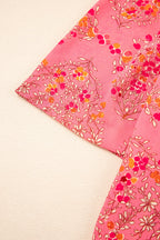 Rose Red Floral Print Wide Short Sleeve Loose Shirt