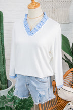 White Striped Patchwork V Neck 3/4 Sleeve Blouse