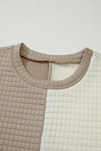 Khaki Color Block Patchwork Textured Long Sleeve Top 2pcs Short Set