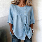 Women's Linen Lace-Up Button Shirt – 3/4 Sleeve Asymmetric