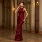 Elegant Sleeveless Round Neck Sequins Slim Sheath Banquet Fishtail Dress