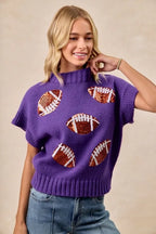 BiBi Gameday Sequin Football Patches Rib Banded Sweater