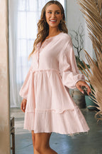Oatmeal Crinkle Distressed Puff Sleeve Flared Dress