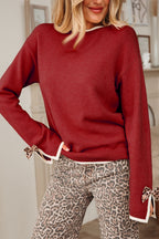 Black Leopard Bow Decor Split Cuff Contrast Trim Sweater