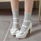 Foreada Womens 6.5 White Lace Bow 3.5" Platform Heel Mary Jane Closed Toe Shoes
