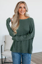 Dark Grey Waffle Knit Patchwork Long Sleeve Loose Top