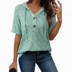 Short-sleeve Buttoned V-neck Waffle-knit Hooded Top