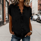 V-Neck Ruffle Sleeve Solid Color Top | Asymmetric Linen Blend