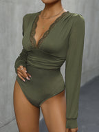Perfee Lace Detail Plunge Long Sleeve Bodysuit