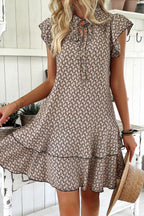 Simply Taupe Bohemian Print V-Neck Flutter Sleeve Ruffle Mini Dress