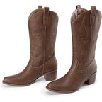 Dream Pairs Womens Size 8 Brown Faux Leather Embroidered 2.5" Heel Cowboy Boots