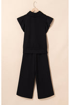 Pink Textured Ruffle Sleeve Zipped Top and Wide Leg Pants Set