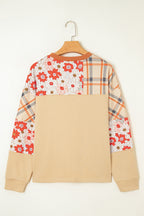 Parchment Floral Plaid Patchwork Casual Top
