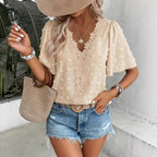Women's V-Neck Lace-Trim Swiss Dot Short-Sleeve Top – Casual Loose Fit