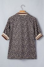 Khaki Leopard Print Half Zip Striped Trim Patchwork Short Sleeve Top