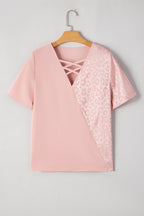 Apricot Pink Leopard Patchwork Cross Strappy V Neck Blouse