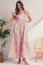 Blue Floral Print Square Neck Ruffled Strap Maxi Dress