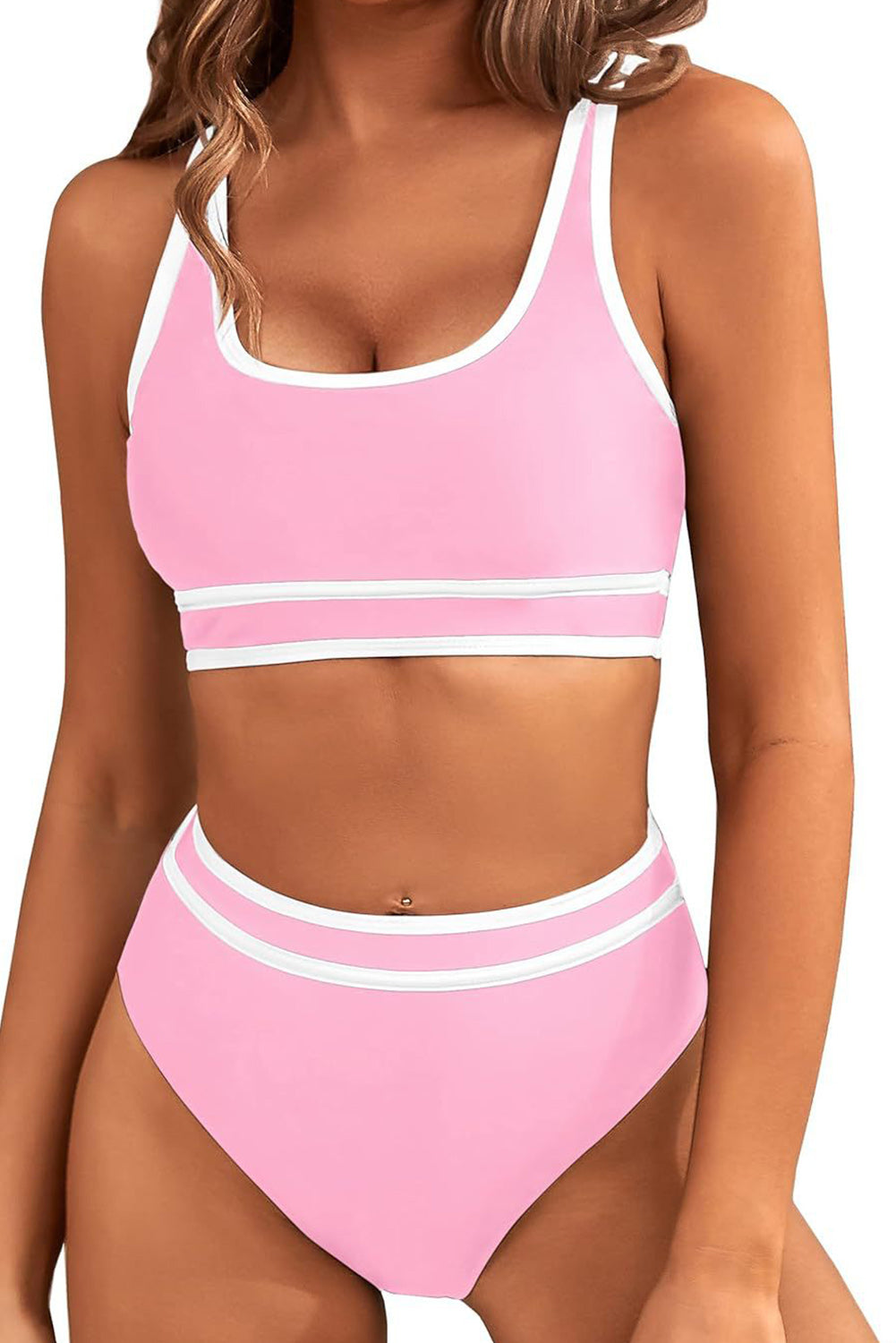 Black Contrast Trim U Neck High Waist Bikini Set
