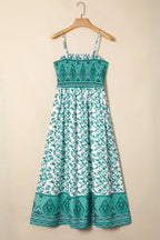 Green Boho Floral Print Shirred Cami Maxi Dress
